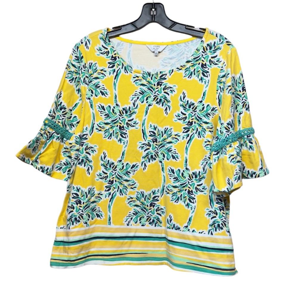 Crown & Ivy Yellow Floral Ruffle Bell Sleeve Scoop Neck Tunic Blouse Petite XL